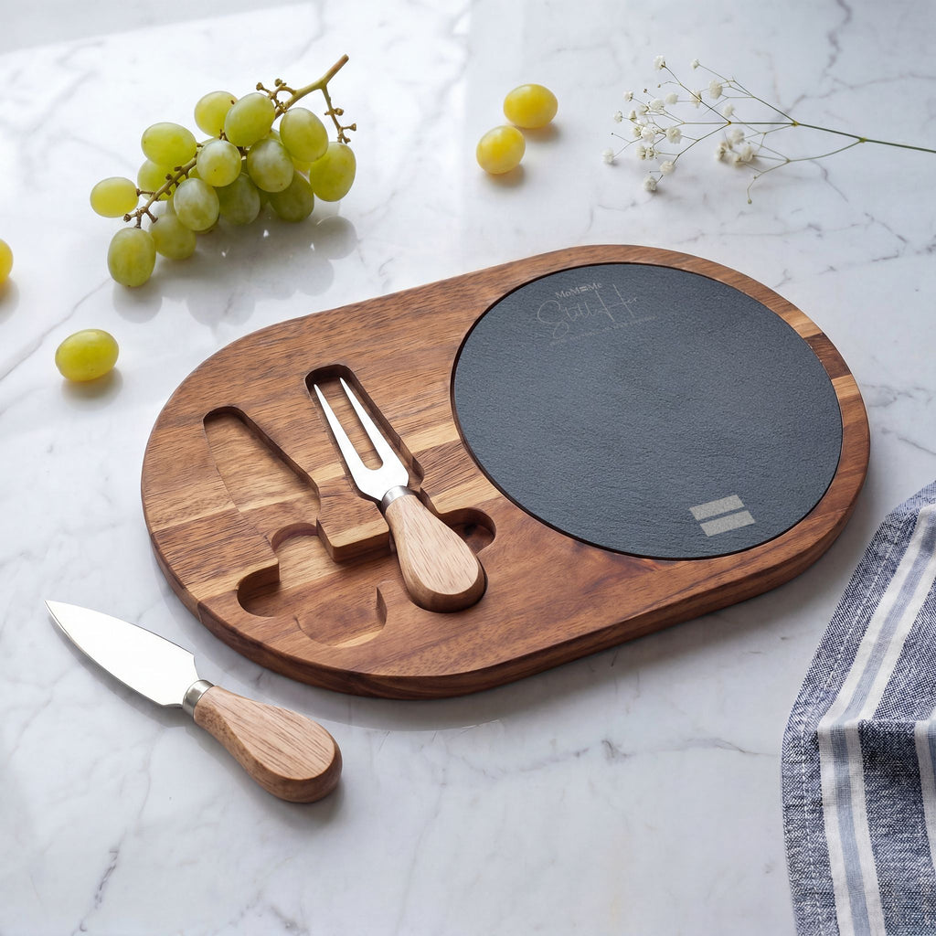 Premium MoM=Me “Still Her” Charcuterie Board — Engraved Acacia & Slate