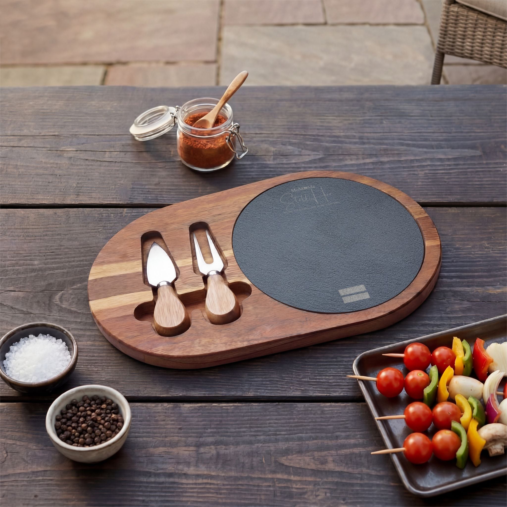 Premium MoM=Me “Still Her” Charcuterie Board — Engraved Acacia & Slate